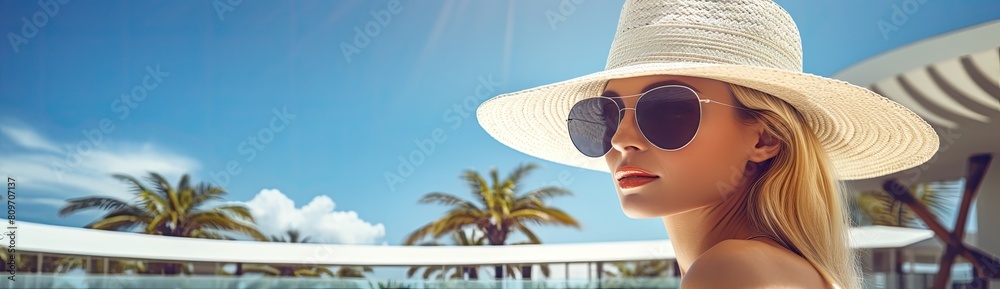Sunny Escape: Woman Enjoying Leisure Time Among Palm Trees, Basking in the Sunlight