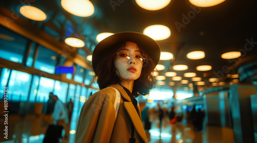 Chic portrait of a young Asian woman in a hat and sunglasses at an airport terminal, reflecting travel excitement and Asian culture.