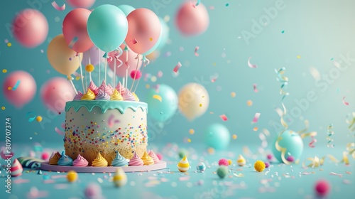Illustrative image showing a colorful two-tiered birthday cake decorated  surrounded by colorful balloons and festive confetti  creating a joyful party atmosphere. Party concept.