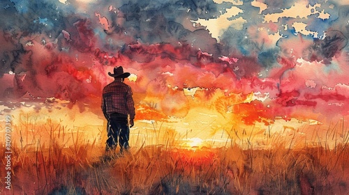 Sunset cattle count, Afro cowboy tallying, end of day, dusky sky , watercolor
