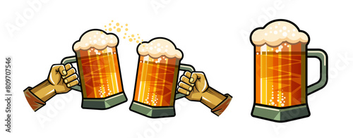 The hand holds a glass mug full of beer. Template for pubs, bars, beer festivals. Vector illustration
