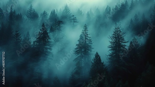 Redwood forests in the fog, an editorial photography setting that captures the mysterious and ethereal atmosphere, ideal for environmental magazines