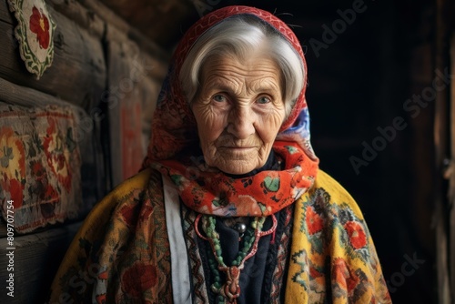 Portrait of a serene elderly woman dressed in vibrant traditional attire with a peaceful expression