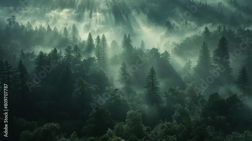 Redwood forests in the fog  an editorial photography setting that captures the mysterious and ethereal atmosphere  ideal for environmental magazines