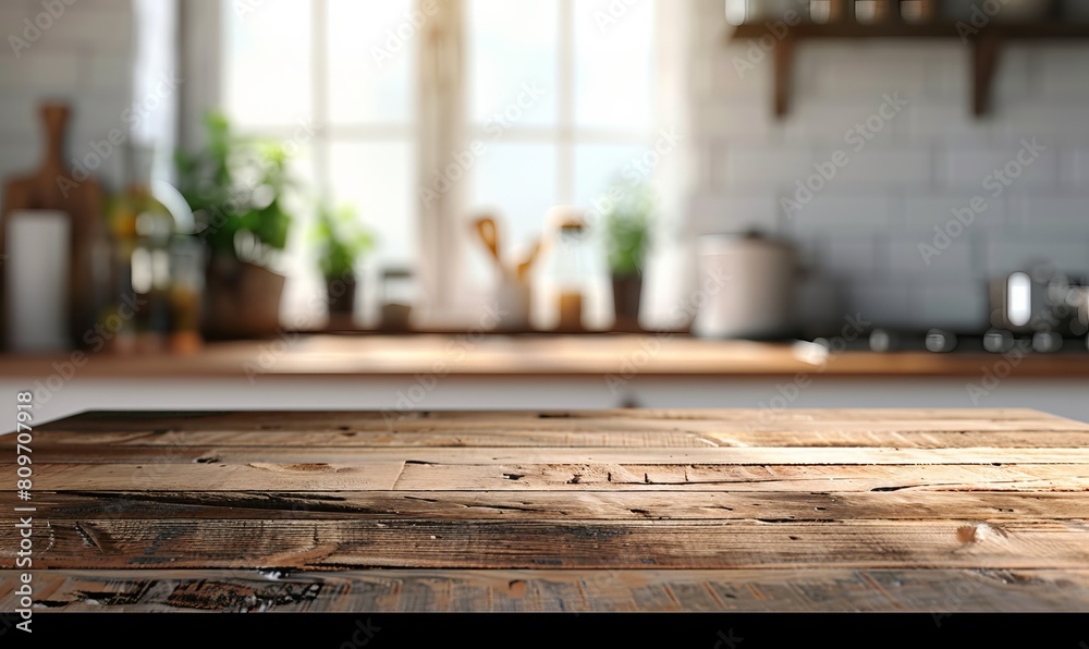Generative AI, empty wooden tabletop on blurred modern kitchen background with copy space Generative AI, empty wooden tabletop on blurred modern kitchen background with copy space