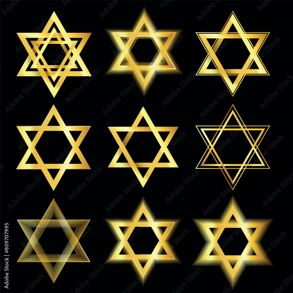 Luxury Golden glowing Star of David collection of signs isolated on a black background.Star of David icon set.Judaism sign. Six pointed star. Vector illustration Luxury Golden glowing Star of David collection of signs isolated on a black background.Star of David icon set.Judaism sign. Six pointed star. Vector illustration