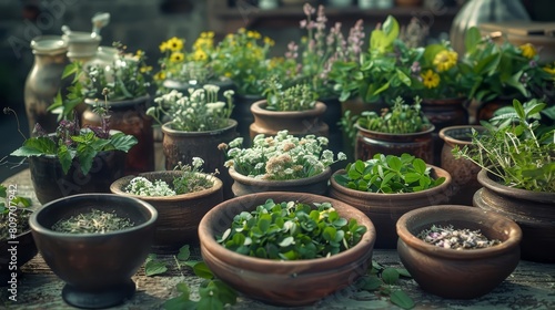 The art of herbalism, captured in documentary photography style, showcasing a variety of fresh herbs and their uses in natural medicine for a wellness magazine © Nawarit