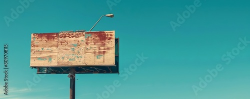 Generative AI illustration of empty advertising signboard with street light pole against cloudless blue sky in sandy countryside on sunny day
