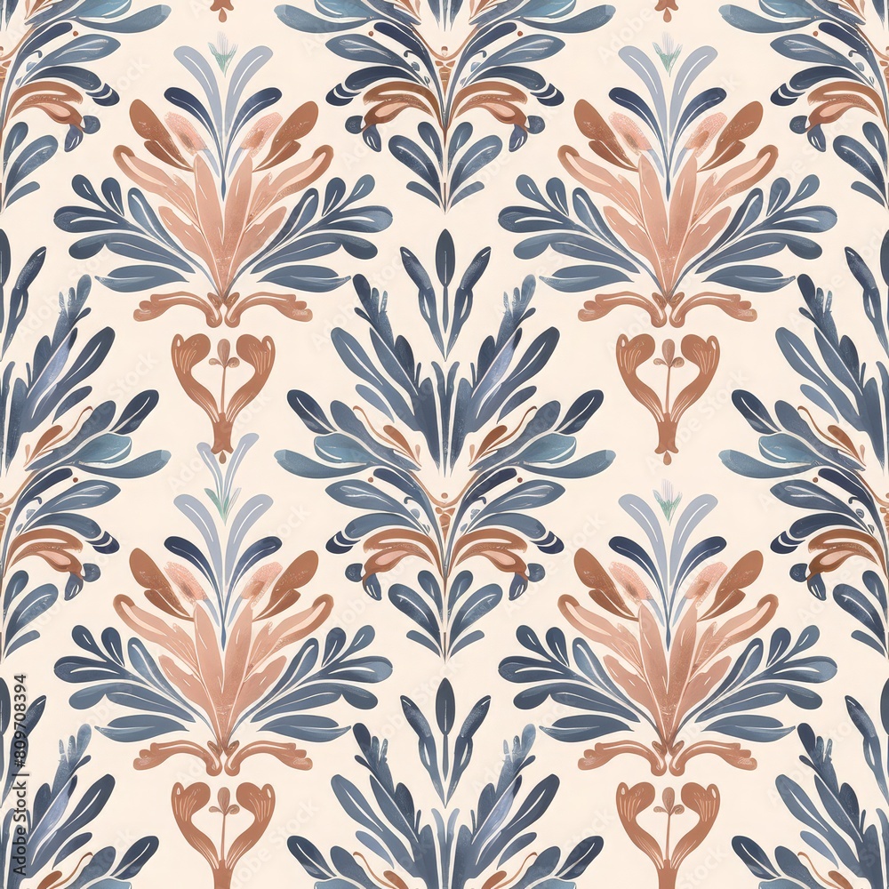 Art Nouveau seamless pattern, soft pastel colors of blue and peach on cream background, elegant leaves Art Nouveau seamless pattern, soft pastel colors of blue and peach on cream background, elegant leaves