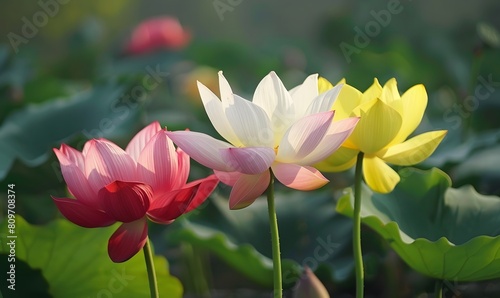 there are several lotus flowers blooming in different colors  Generative AI