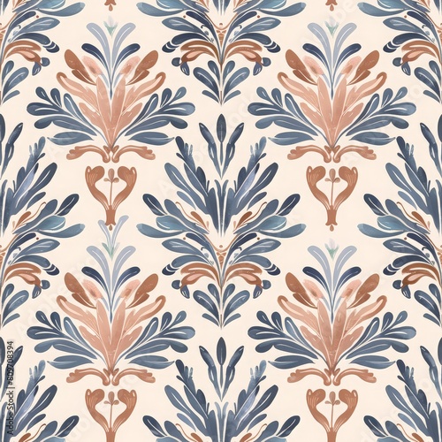 Art Nouveau seamless pattern, soft pastel colors of blue and peach on cream background, elegant leaves
