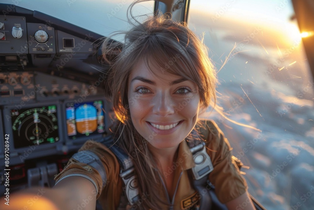  Pilot capturing a golden hour selfie with the aircraft cockpit aglow ...
