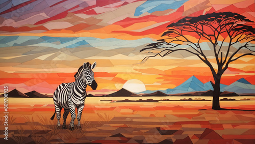 a painting of two zebras standing in a grassy field at sunset.