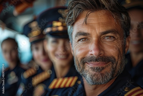 A mature, handsome male pilot grins in front of blurry colleagues, portraying leadership and experience photo
