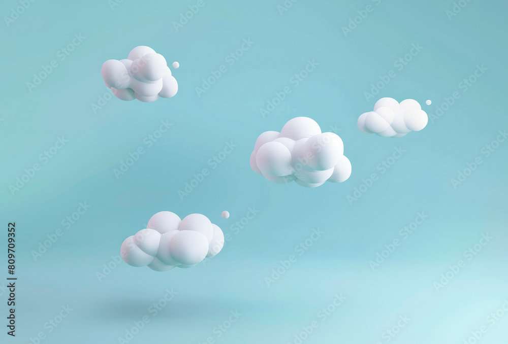 Small cute white fluffy three-dimensional clouds floating against light pastel blue background. Small cute white fluffy three-dimensional clouds floating against light pastel blue background.