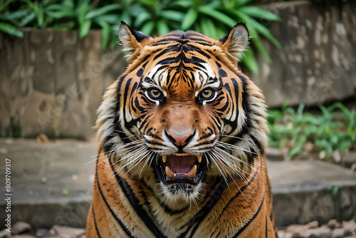 Angry tiger,Sumatran tiger (Panthera tigris sumatrae) beautiful animal and his portrait. Portrait of a tiger photo
