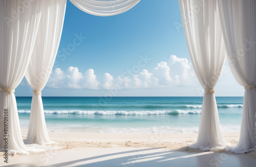 white curtain with beach background  wedding design concept