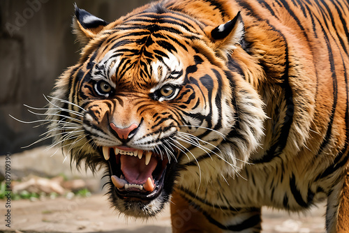 Angry tiger,Sumatran tiger (Panthera tigris sumatrae) beautiful animal and his portrait. Tiger in the zoo photo