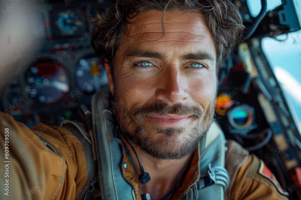 An attractive male pilot with tousled hair is taking a selfie in the cockpit, surrounded by flight instruments An attractive male pilot with tousled hair is taking a selfie in the cockpit, surrounded by flight instruments