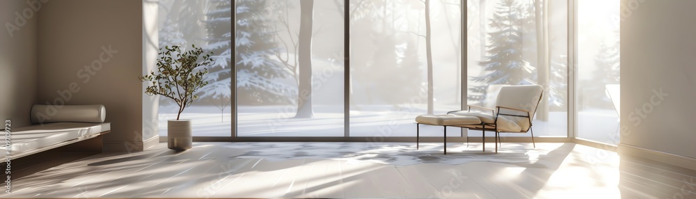 Fototapeta premium A minimalist living room with a large window looking out onto a snowy forest