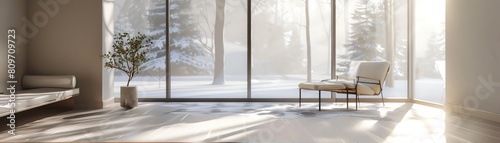 A minimalist living room with a large window looking out onto a snowy forest