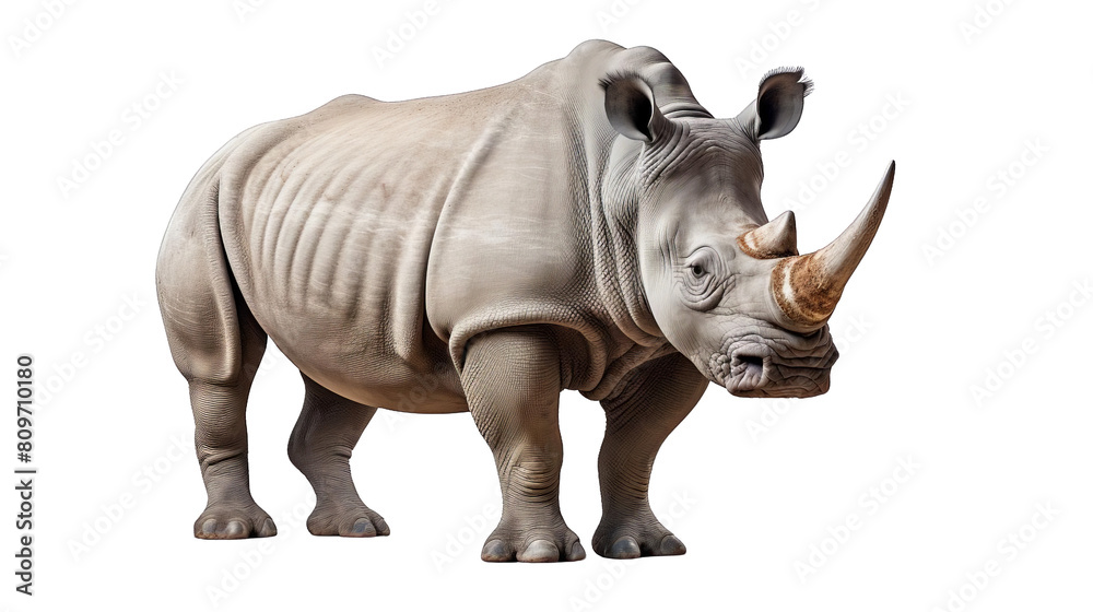 A rhino with a horn on its head is standing on a white background