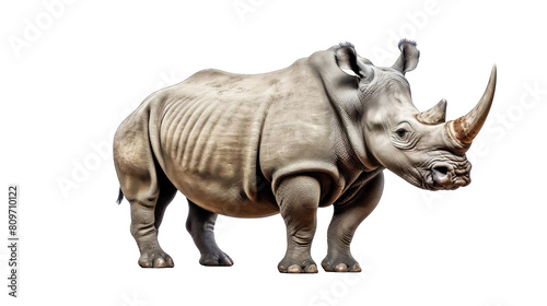 A rhino with a long horn stands on a white background