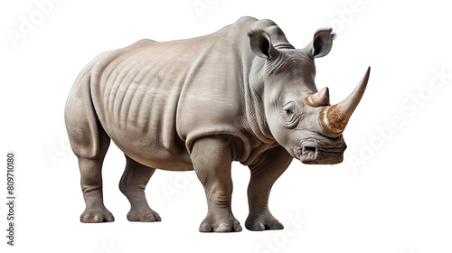 A rhino with a horn on its head is standing on a white background