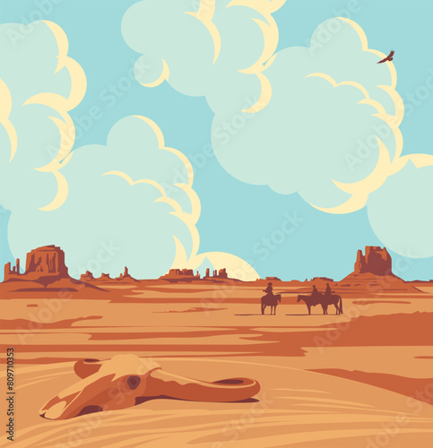 Vector Western landscape with silhouette of cowboys on horseback and bull skull at the wild American prairies. Decorative illustration, Wild West vintage background