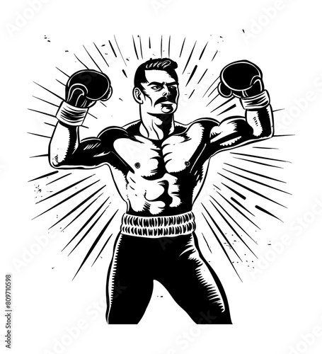 retro boxer man engraving black and white outline