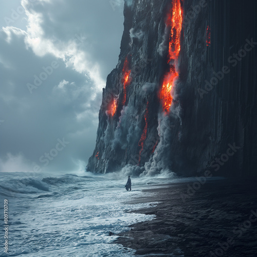 Lava earthquake in front of the ocean photo