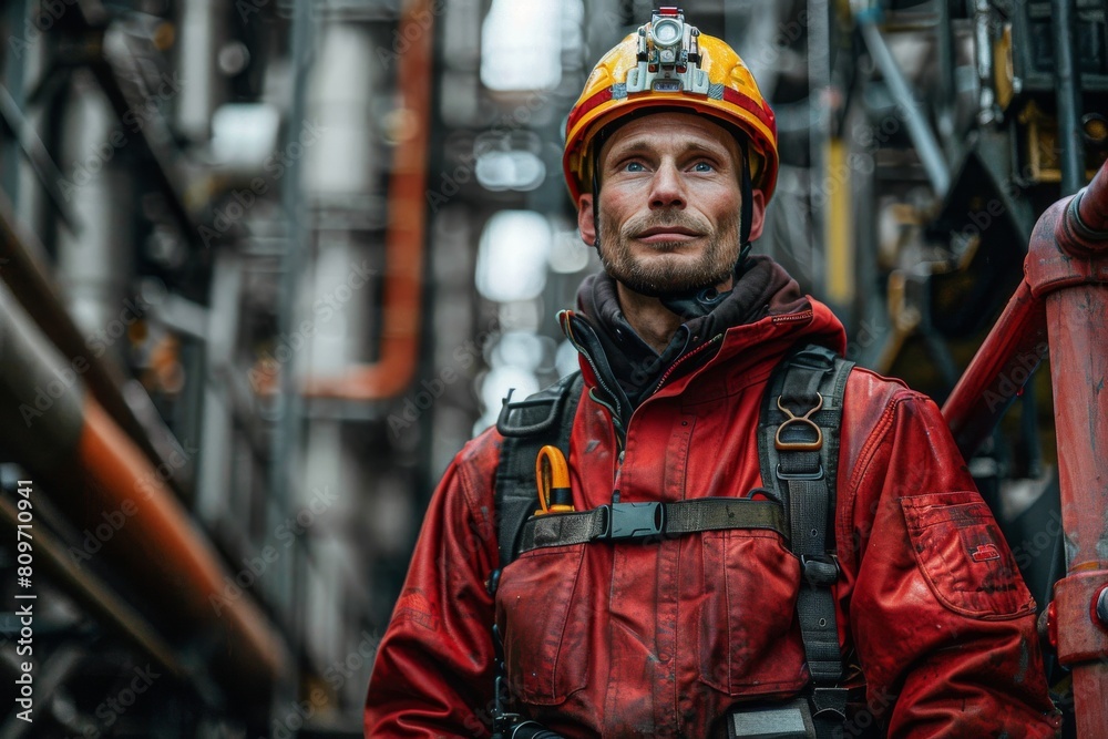 Industrial worker in red overalls and hard hat looking confidently at the camera, surrounded by complex machinery Industrial worker in red overalls and hard hat looking confidently at the camera, surrounded by complex machinery