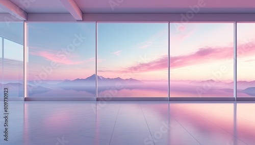 A beautiful view of the ocean and mountains with a pink sky. The scene is peaceful and serene
