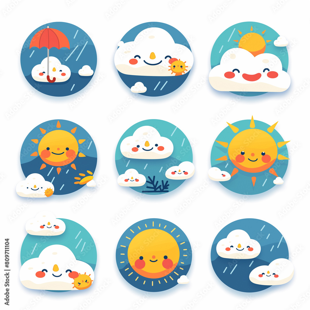 Set of icons to indicate weather: sun, hot, cloudy, rain, snow, storm, night, full moon, new moon Set of icons to indicate weather: sun, hot, cloudy, rain, snow, storm, night, full moon, new moon
