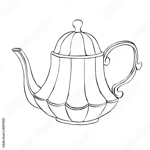 Line teapot in Victorian style, vector illustration. Hand drawn contour sketch on isolated background. Linear drawing