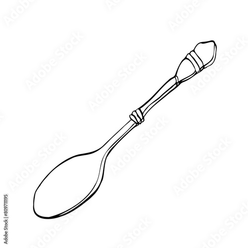 Line tea spoon in Victorian style, vector illustration. Hand drawn contour sketch on isolated background. Linear drawing
