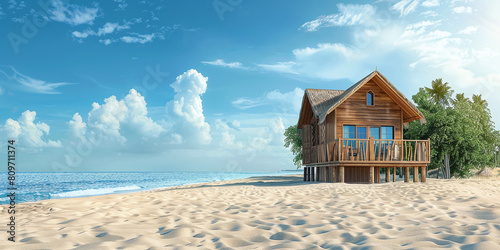 Holiday house on the beach. Wooden house with boards for wind serfing on a sand beach. Summer vacation concept photo