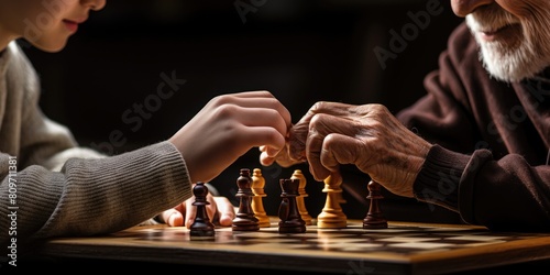 A man and a boy are playing chess. The boy is smiling and the man is smiling back. Scene is happy and friendly