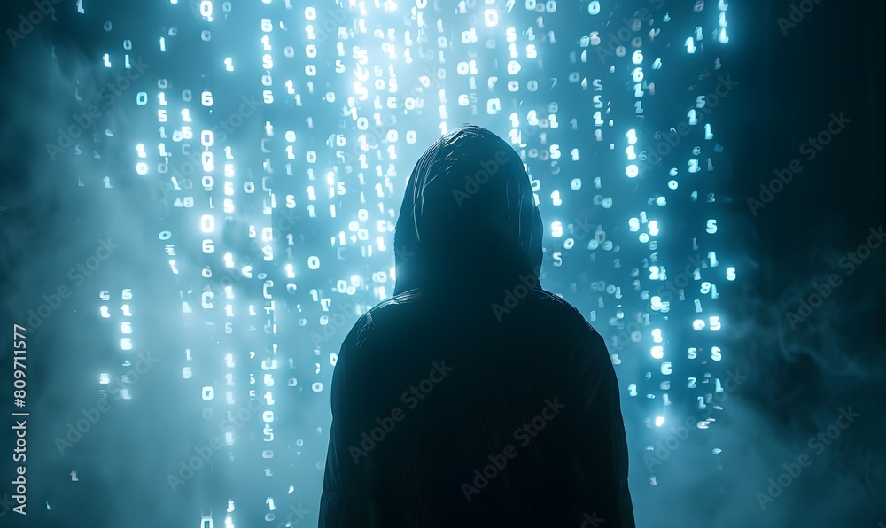 Silhouette of hacker in hood against binary code background, Generative AI