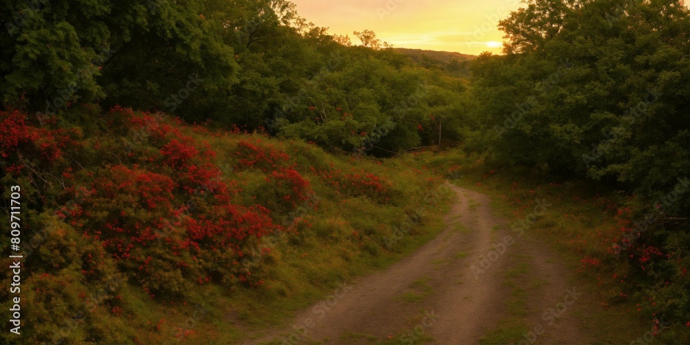 Naklejka premium A dirt road surrounded by flowers,sunset in the forest