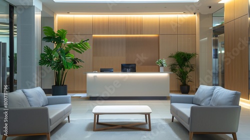 A modern office lobby with a large plant and two couches. The room has a clean and minimalist design