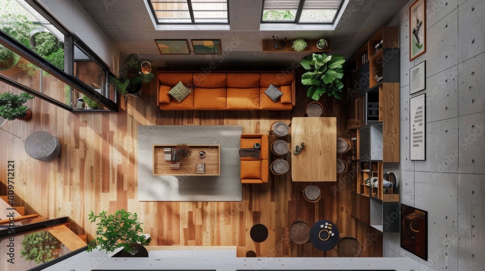 Top-down angle offering a clear view of the spatial layout of interior decor Top-down angle offering a clear view of the spatial layout of interior decor