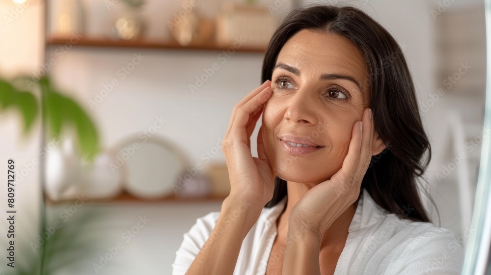Beautiful mature Indian woman looking at mirror at home Beautiful mature Indian woman looking at mirror at home