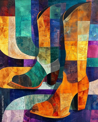 Abstract art of cowboy boots, fragmented into geometric patterns, modern interpretation photo