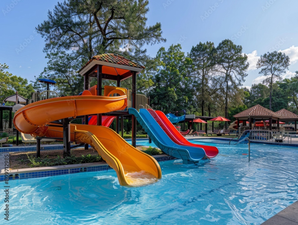 A slide, swimming pool at summer, playground