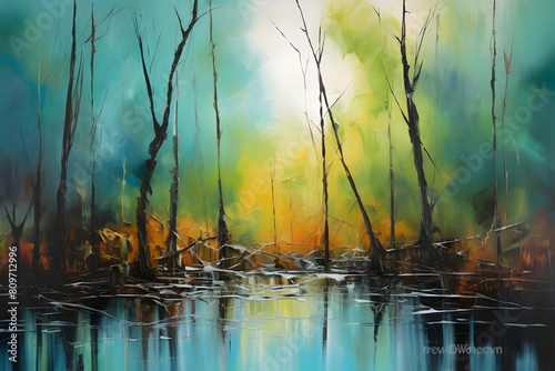 inspiring forest bordering marsh. abstract landscape painting, generative ai