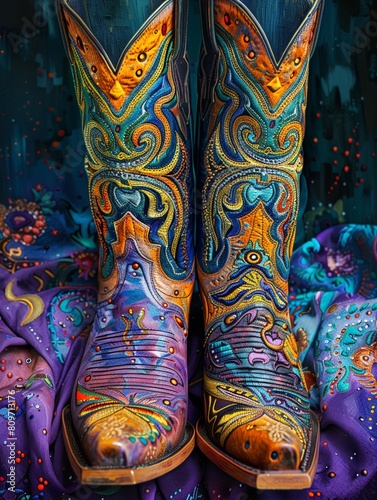 Illustration of cowboy boots with intricate designs, detailed stitching and patterns, vibrant colors, closeup view, artistic style © AmazingArt