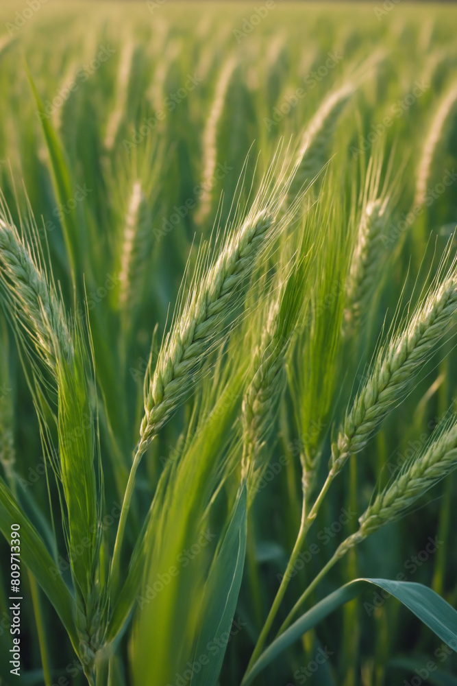 Close-up of fresh ears of young green wheat sprouts in rural wheat field at sunrise. Agricultural scene with cultivation of grain. Plantations waiting for harvest. Concept of organic farming. Close-up of fresh ears of young green wheat sprouts in rural wheat field at sunrise. Agricultural scene with cultivation of grain. Plantations waiting for harvest. Concept of organic farming.