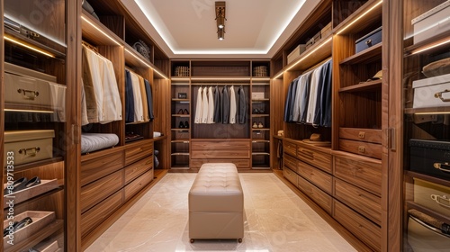 Modern walk-in wardrobe showcasing polished walnut wood against soft beige walls  providing a spacious and tranquil setting