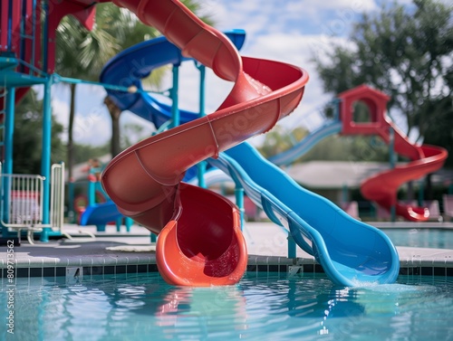 A slide, swimming pool at summer, playground
